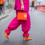 Un tailleur fuchsia porté avec des accessoires orange