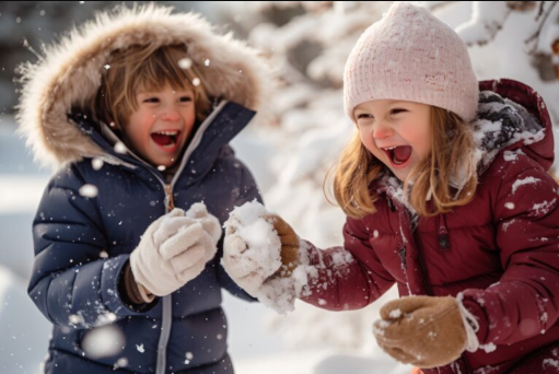 Deux enfants portant des doudounes et jouant dans la neige